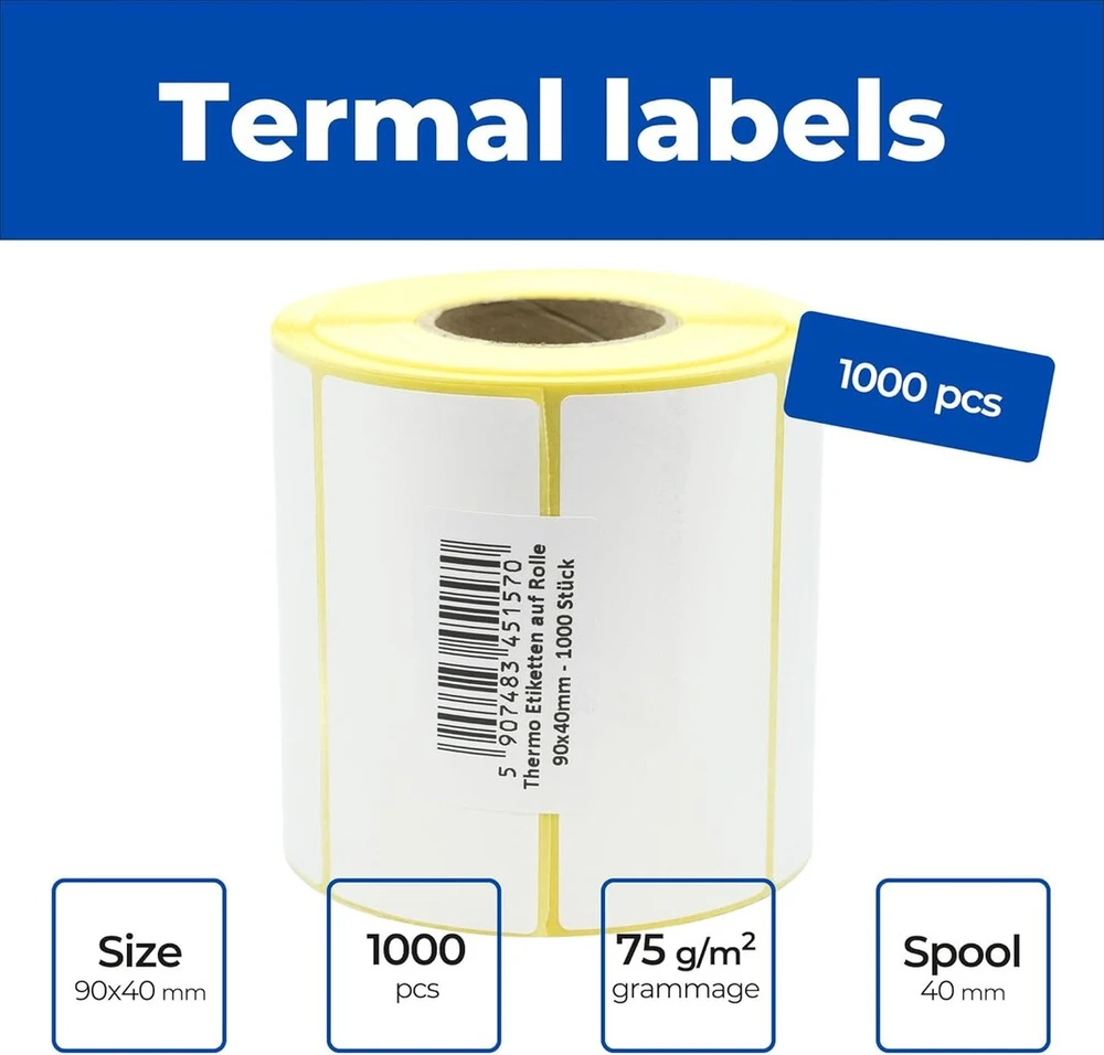 Mdlabels Termo Etiketės 90x40mm, 1000 vnt. - Lipnios, Brūkšniniam Kodui
