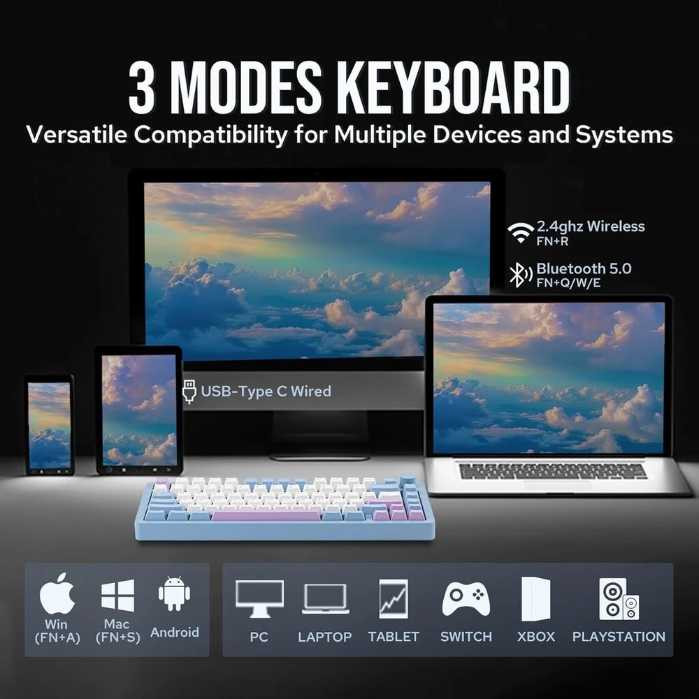 Mechlands Blade75 belaidė mechaninė aliumininė žaidimų klaviatūra, gasket creamy klaviatūra, Bt5.0/2.4ghz/usb-c hot swappable custom klaviatūra su mygtuku, Rgb, Nkro skirta Win/mac/games/office (mėlyna)