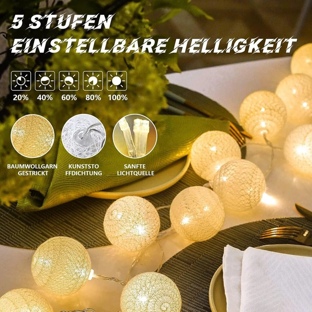 Medvilninės kamuoliukų girliandos, 20 Led Usb, su pulteliu, šiltai baltos