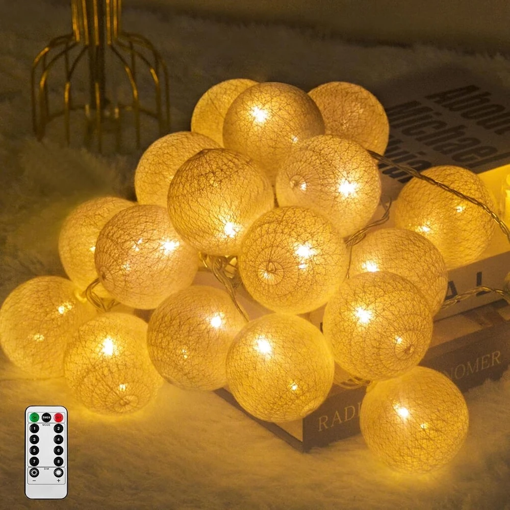 Medvilninės kamuoliukų girliandos, 20 Led Usb, su pulteliu, šiltai baltos