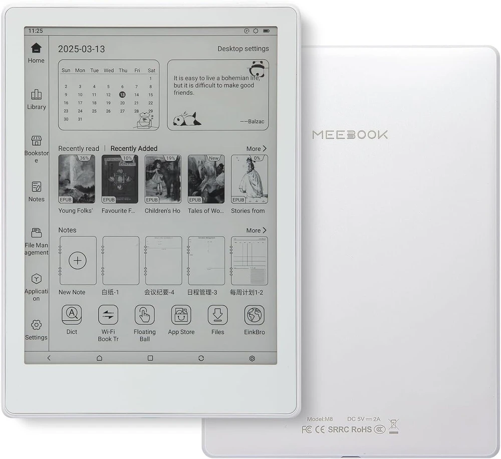 Meebook E-reader M8 | 7.8 colių vieno carta ekranas | 300ppi išmanusis apšvietimas | Android 14 | aštuonių branduolių procesorius | dvigubi mikrofonai ir garsiakalbiai | palaiko play store | ranka rašomas | 4gb + 64gb | micro-sd lizdas | baltas