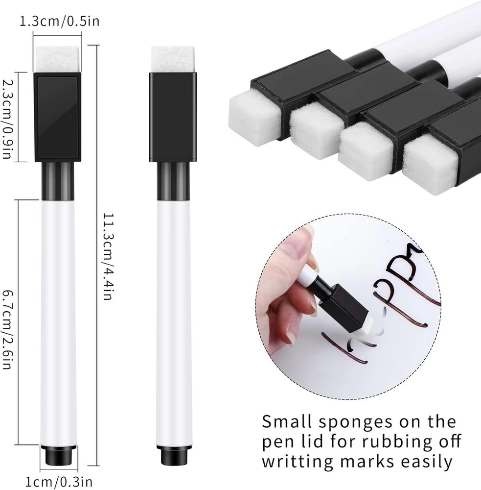 Meetory 10 vnt. 2-in-1 magnetiniai rašikliai baltajai lentai - sausai valomi su trintuku, skirti naudoti mokykloje, biure, namuose, juodi