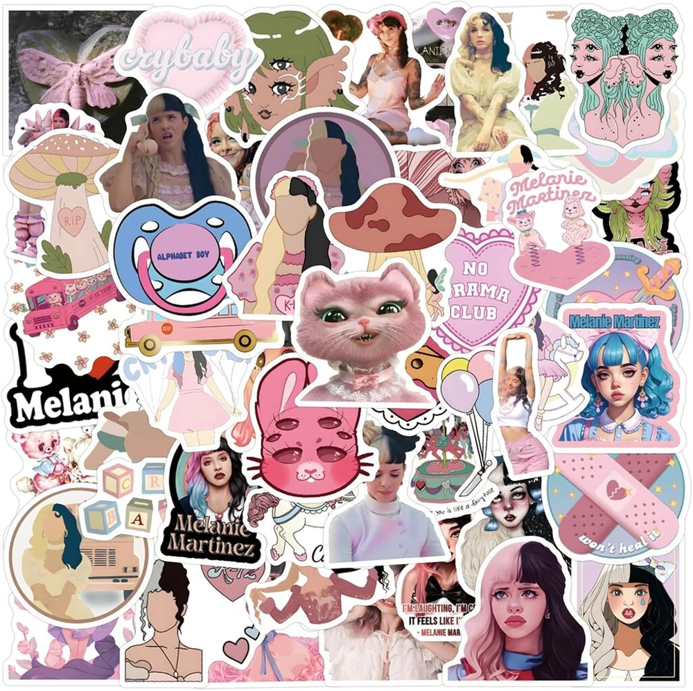 Melanie Martinez lipdukai, 50 vnt. Singer Idol lipdukų rinkinys, estetiniai viniliniai vandeniui atsparūs lipdukai nešiojamam kompiuteriui, bagažui, riedlentei, gitarai, mergaitėms ir suaugusiems