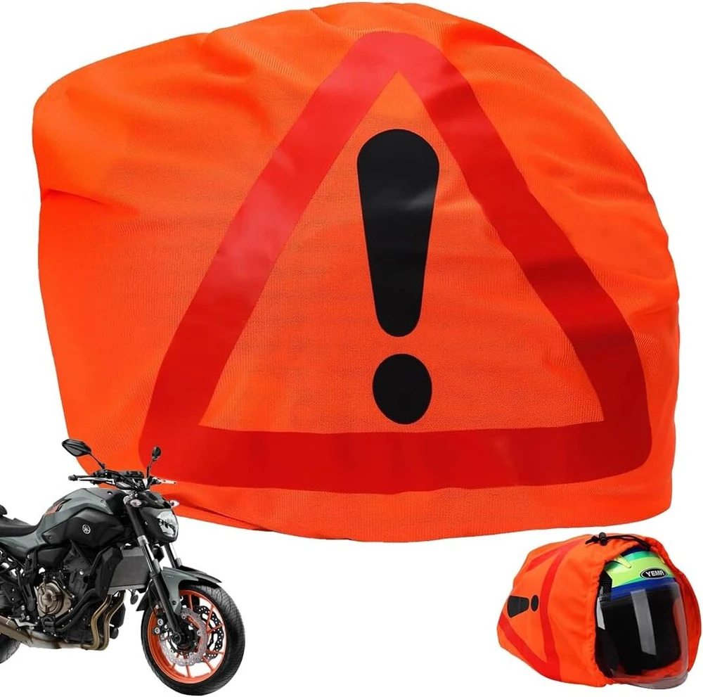 Meleager įspėjamasis trikampis motociklui, šalmo uždangalas motocikliniam šalmui su įspėjamuoju trikampiu, motociklinio šalmo krepšys apsaugai nuo nelaimingų atsitikimų, įspėjamasis signalas avarijos vietoje, pavojingos vietos žymėjimas (oranžinis)
