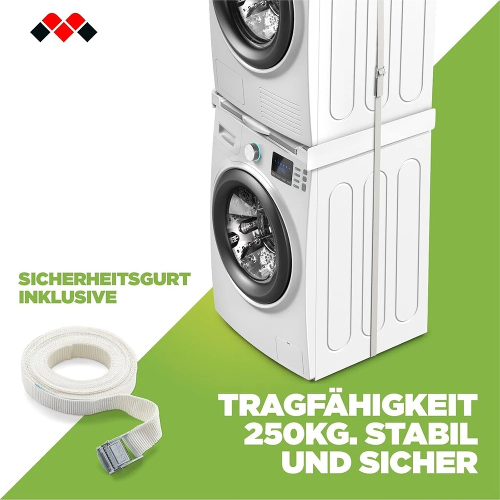 Meliconi Torre Evo L60 universalus džiovyklės ir skalbimo mašinos tarpinis rėmas, iš anksto surinktas su nuimamu mediniu pagrindu, įskaitant saugos diržą, apkrovos talpa 250 kg, baltas