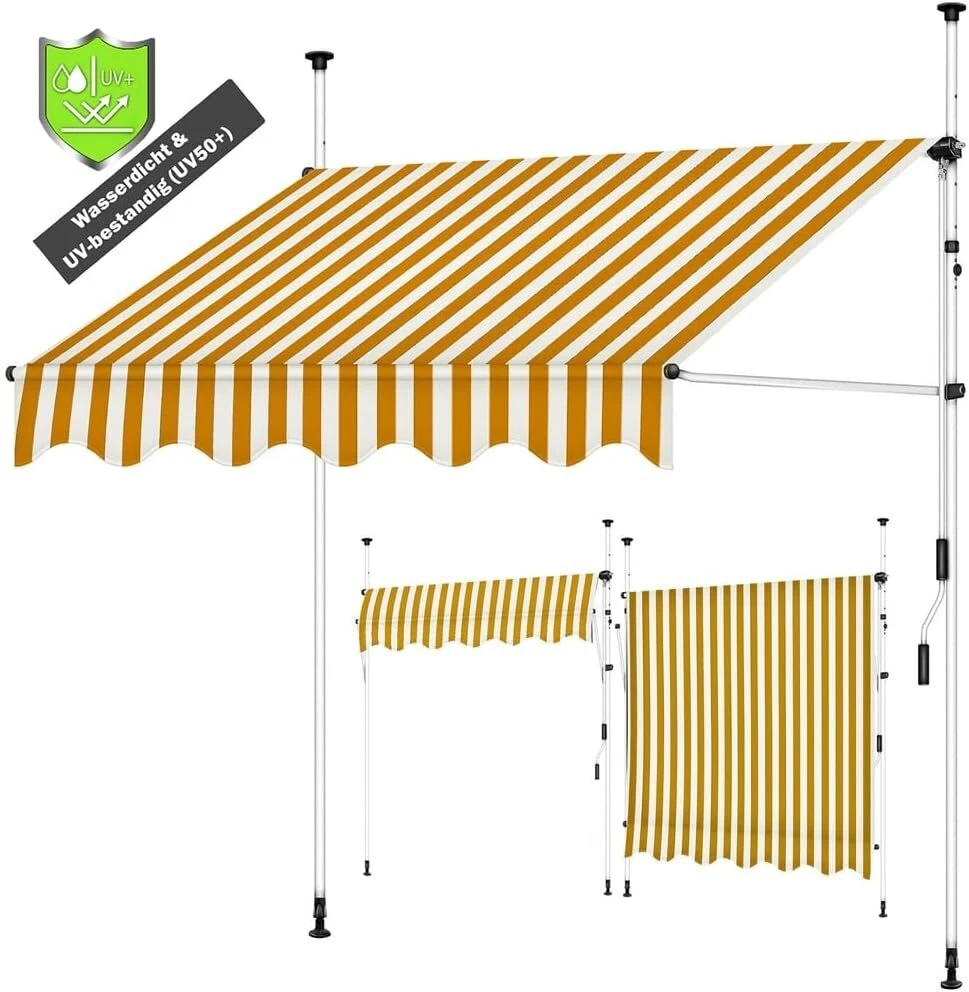 Melko balkono markizė nuo saulės 250 cm, prisegama markizė, balta/oranžinė balkono markizė, nereikia gręžti, lango markizė