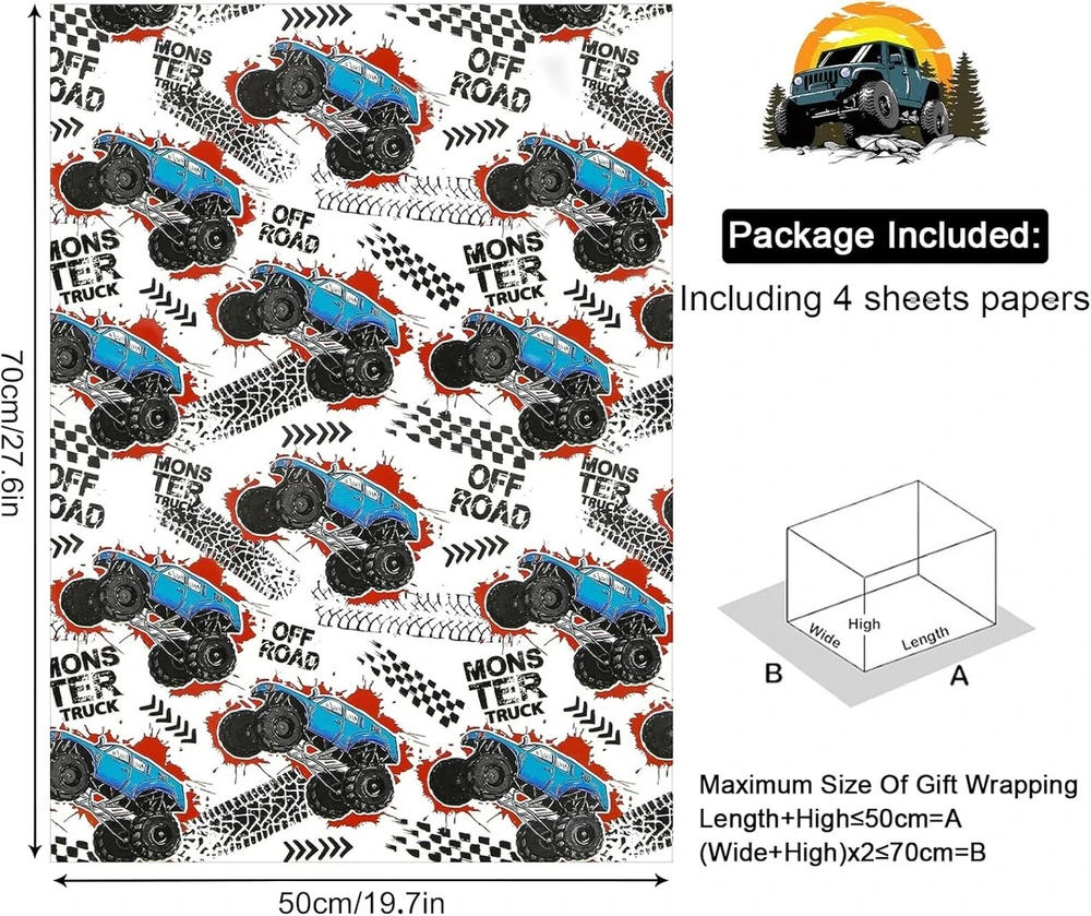 Mėlynas Buggy Dovanų Vyniojamasis Popierius 4 Lapai 50x70cm Kūdikiams