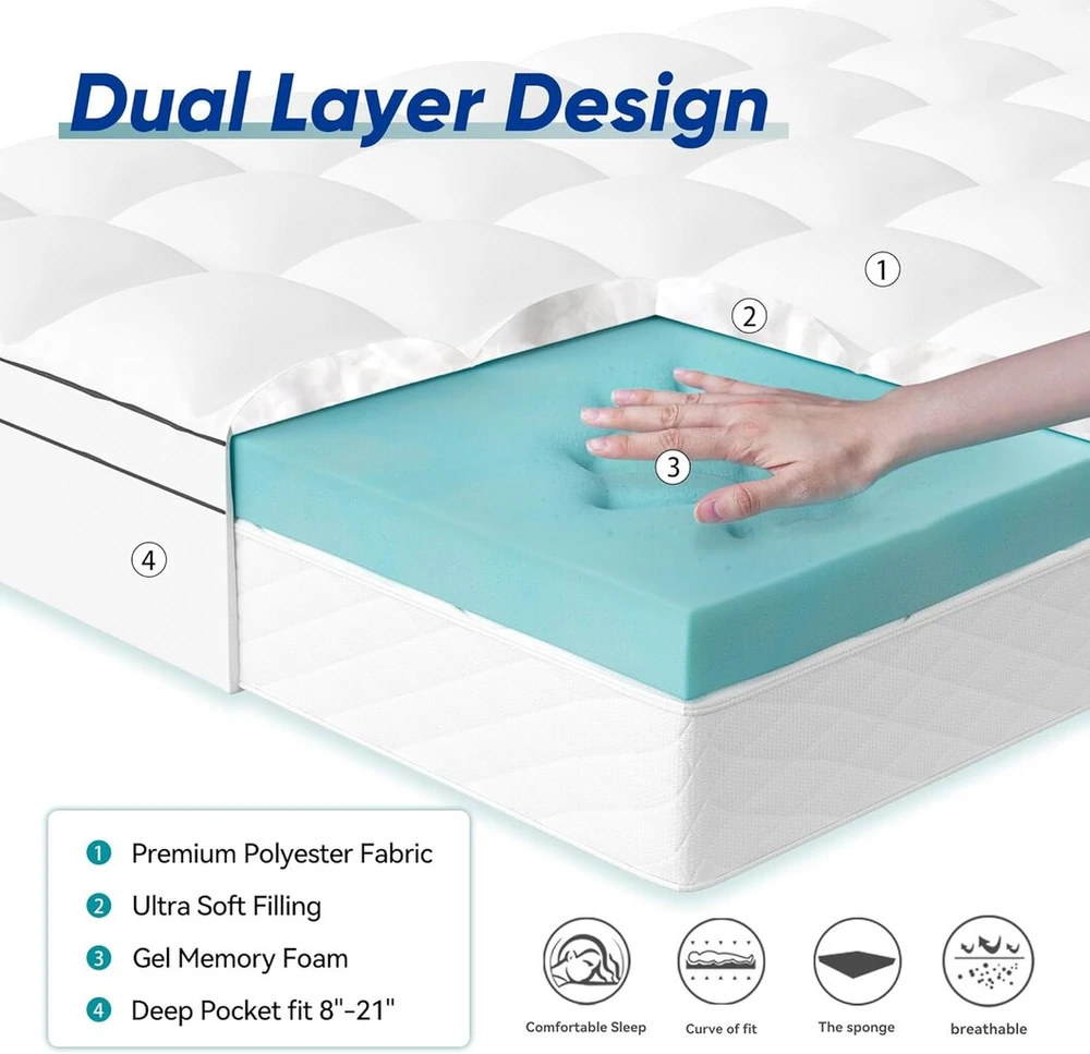 Čiužinys Memory foam antčiužinis 90 x 200 cm H2 H 3.10 cm aukščio, antčiužinis su nuimamu pūkų užvalkalu ir geliniu putų poliuretanu, minkštas ir patogus antčiužinis