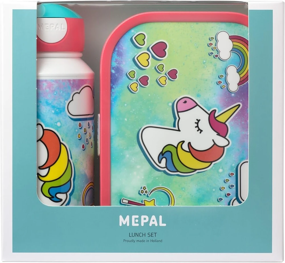 Mepal Campus Unicorn pietų rinkinys, gertuvė ir priešpiečių dėžutė su bento įdėklu, idealiai tinka mokyklai ir laisvalaikiui, galima plauti indaplovėje, 400 ml + 4 sumuštinių lentelės