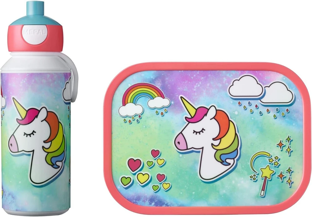 Mepal Campus Unicorn pietų rinkinys, gertuvė ir priešpiečių dėžutė su bento įdėklu, idealiai tinka mokyklai ir laisvalaikiui, galima plauti indaplovėje, 400 ml + 4 sumuštinių lentelės