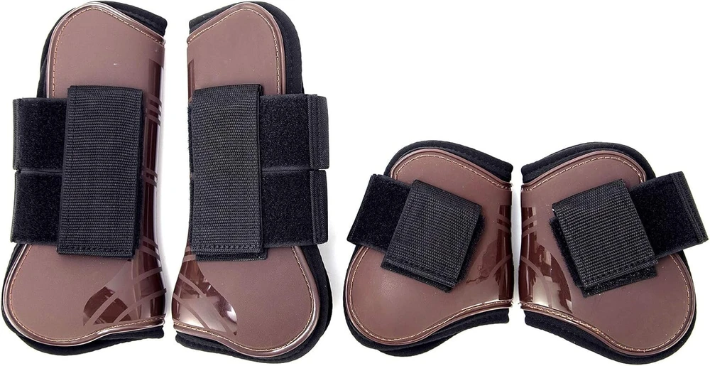 Merauno® Classic sausgyslių ir kulkšnies apsaugos žirgams, tvirtas pu kietas kevalas su elastiniais velcro dirželiais, tinkamas eržilams ir kumelėms, 4 vnt. rinkinys (viena pora priekinėms ir viena pora užpakalinėms kojoms)