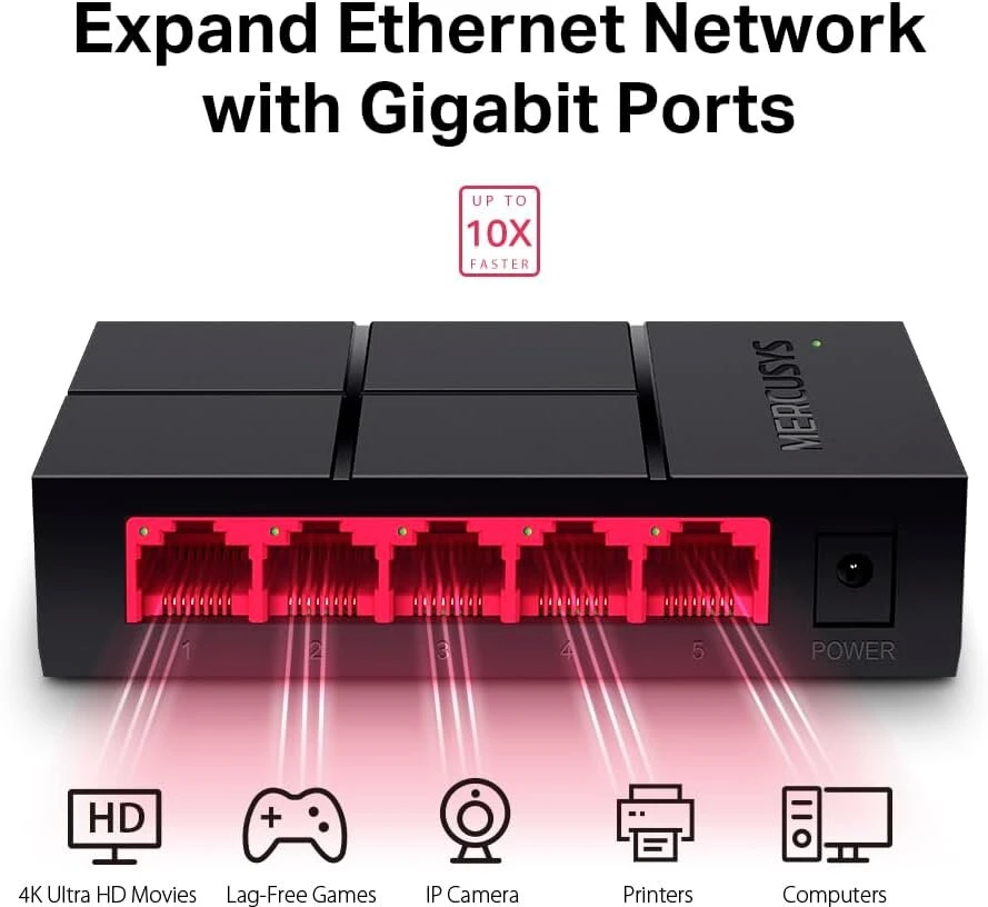 Šakotuvas Mercusys ms105g 5-portų gigabitinis tinklo jungiklis iki 2000 mbps, rj-45 prievadai lan jungiklis, auto-mdi/mdix, be ventiliatoriaus, tylus veikimas, plug and play, automatinis greičio ir dvipusio ryšio reguliavimas