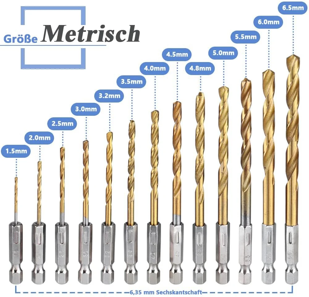 Mesee 13 dalių Hss spiralinių grąžtų rinkinys, 1/4 colio šešiakampis kotas, titanu dengtų metalo grąžtų rinkinys, greito keitimo smūgio kontrolės spiralinis grąžtas medienos apdirbimui, plastikui, 1,5–6,5 mm