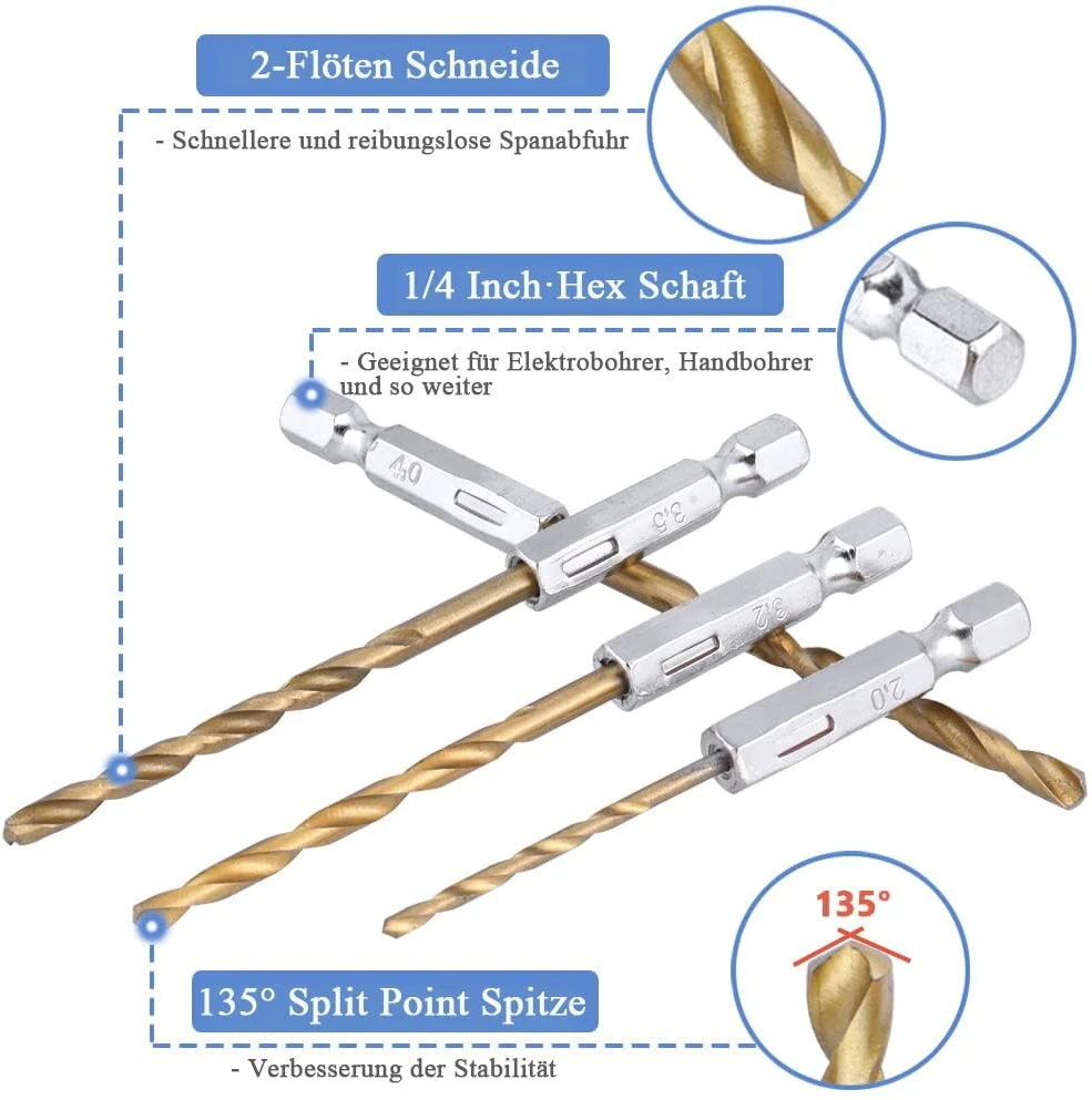Mesee 13 dalių Hss spiralinių grąžtų rinkinys, 1/4 colio šešiakampis kotas, titanu dengtų metalo grąžtų rinkinys, greito keitimo smūgio kontrolės spiralinis grąžtas medienos apdirbimui, plastikui, 1,5–6,5 mm