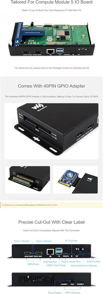 Metalinis korpusas, skirtas raspberry pi compute module 5 io board cm5, mini pc korpusas su aušinimo ventiliatoriumi, 40pin gpio adapteris, atsparus dulkėms, sieninis laikiklis, skirtas pramoniniams ir „pasidaryk pats“ pi projektams