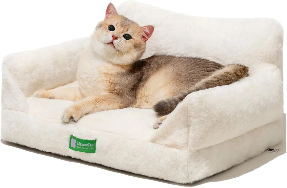 Mewoofun sofa katėms, gultas vidaus katėms, miela kačiuko lova, sofa augintiniams su nuimamu, skalbiamu užvalkalu ir neslystančiu pagrindu mažiems šunims (balta, S)
