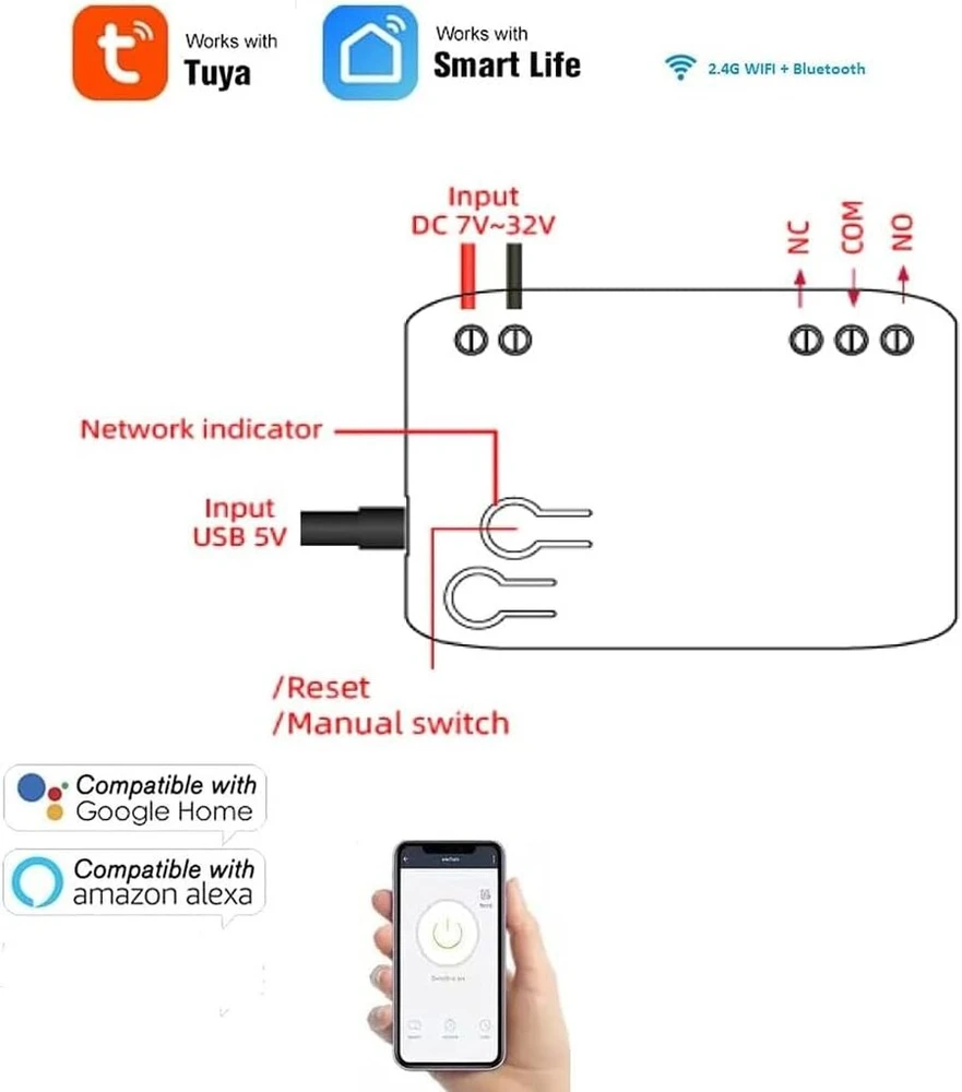 Mhcozy 1 kanalo Usb 5v Ac/dc 7-32v išmanusis Wifi belaidis relės jungiklio modulis, Tuya Smart Life programėlės nuotolinis valdymas, suderinamas su Alexa Google Home (1)