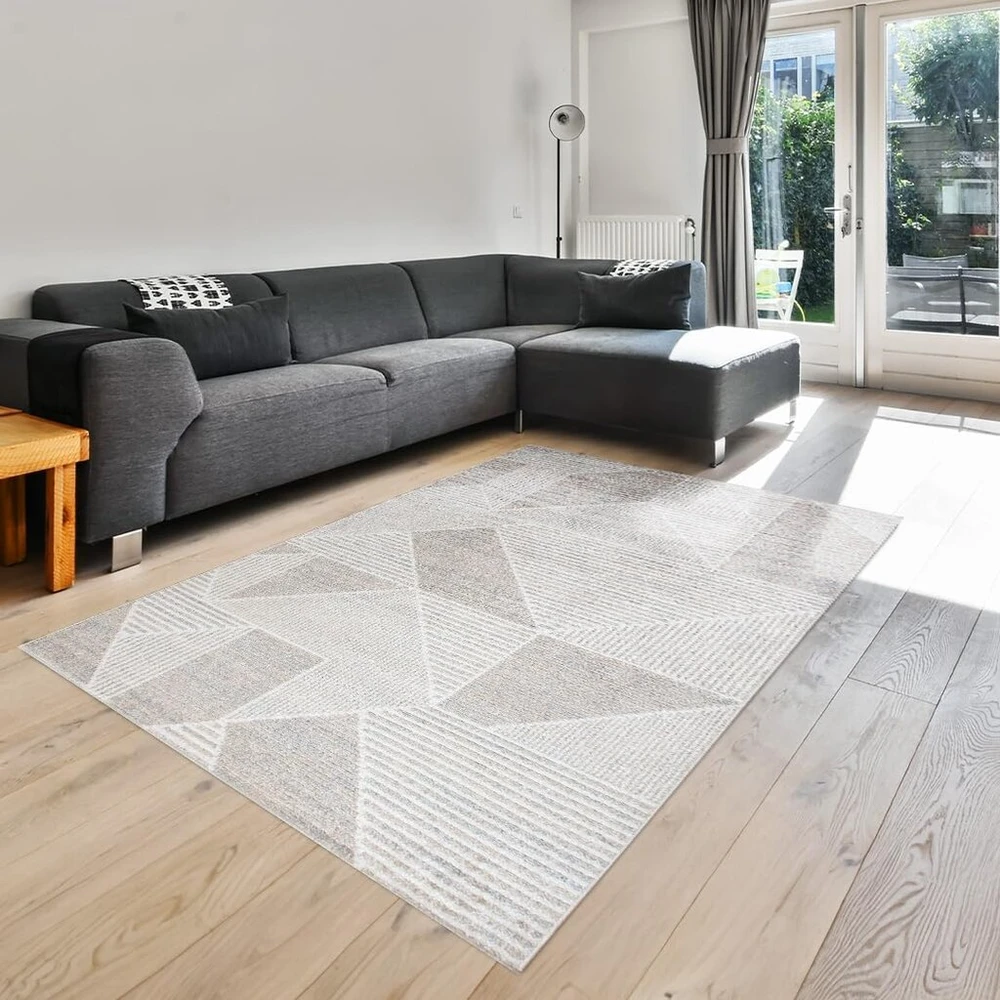 Mia S Teppiche Oku-tex Kilimas svetainei | Harmonia | Kilimas svetainei | Modernus raštas | Geometrinis | Trikampis | Aukštas-žemas efektas | Smėlio spalvos | 60 x 110 cm