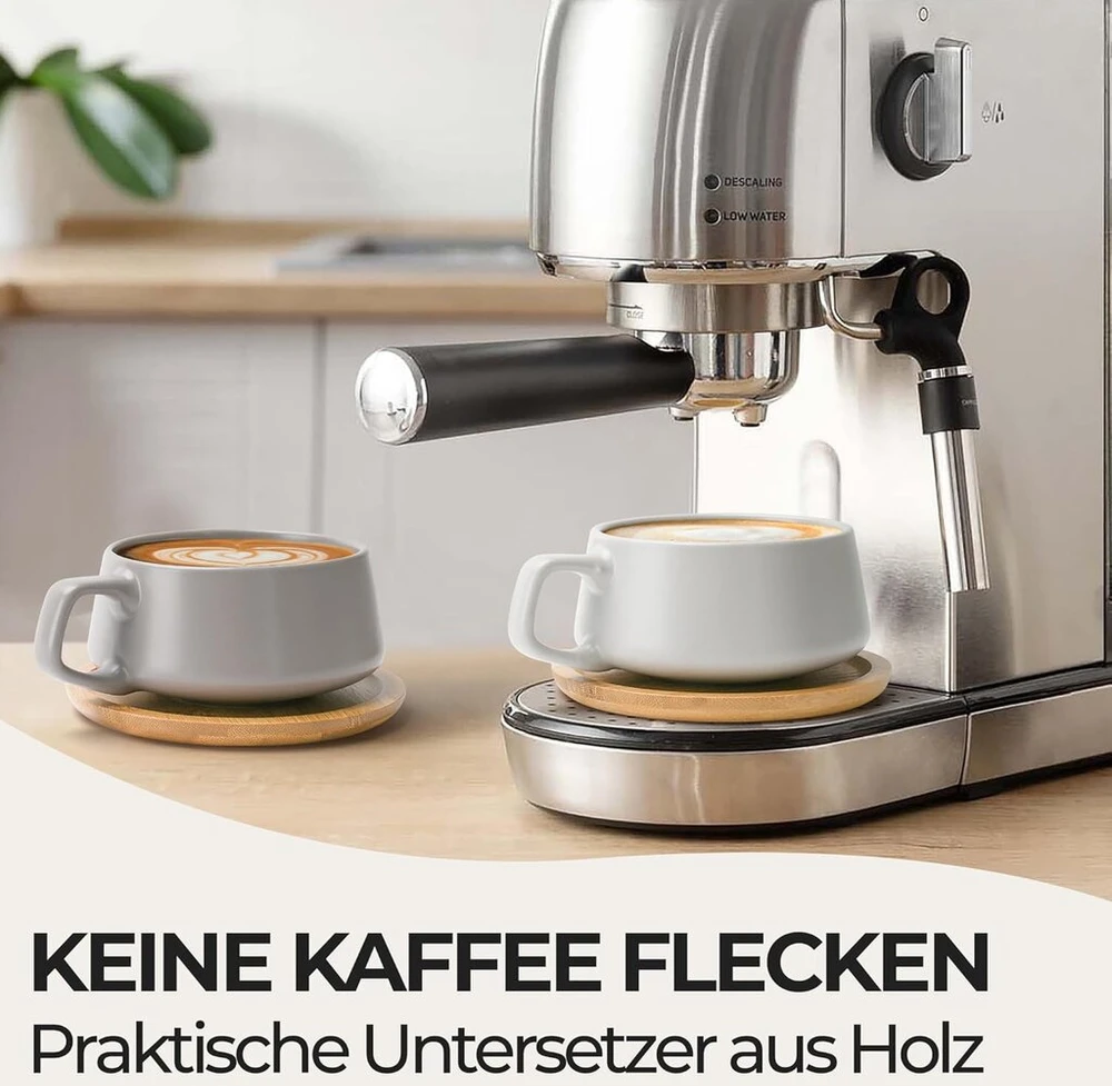 Miamio - 4 x 320 ml kavos puodeliai / kapučino puodeliai su lėkštutėmis / elegantiški / modernūs / kavos puodeliai iš akmens masės - Luxe kolekcijos rinkinys iš 4 (classic pastel)