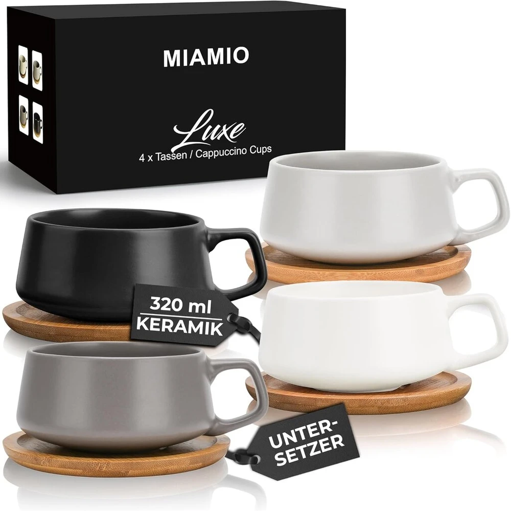 Miamio - 4 x 320 ml kavos puodeliai / kapučino puodeliai su lėkštutėmis / elegantiški / modernūs / kavos puodeliai iš akmens masės - Luxe kolekcijos rinkinys iš 4 (classic pastel)