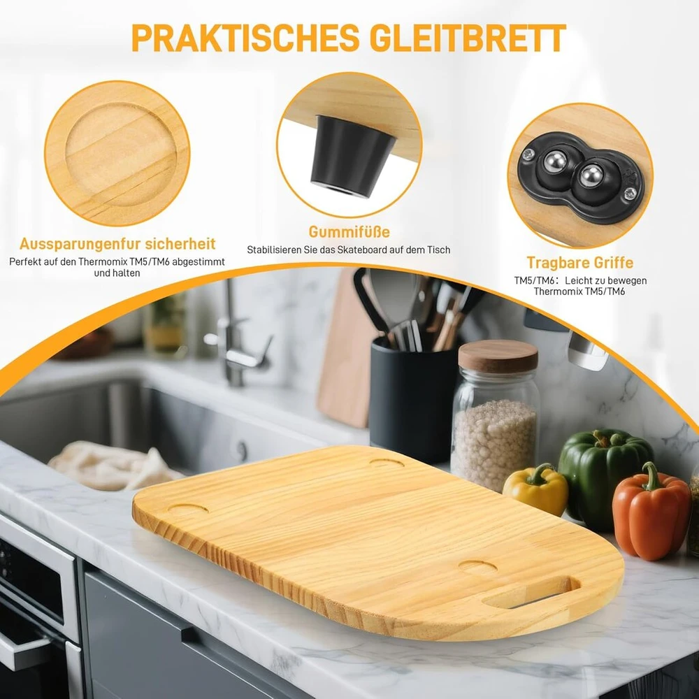 Michihomie Stumdoma lenta Thermomix Tm6 Tm5, lenta Thermomix su ratukais, lengvai slystanti Thermomix Tm6 medinė riedėjimo lenta/stumtuvas, maisto procesoriaus Tm6 priedų padėklas