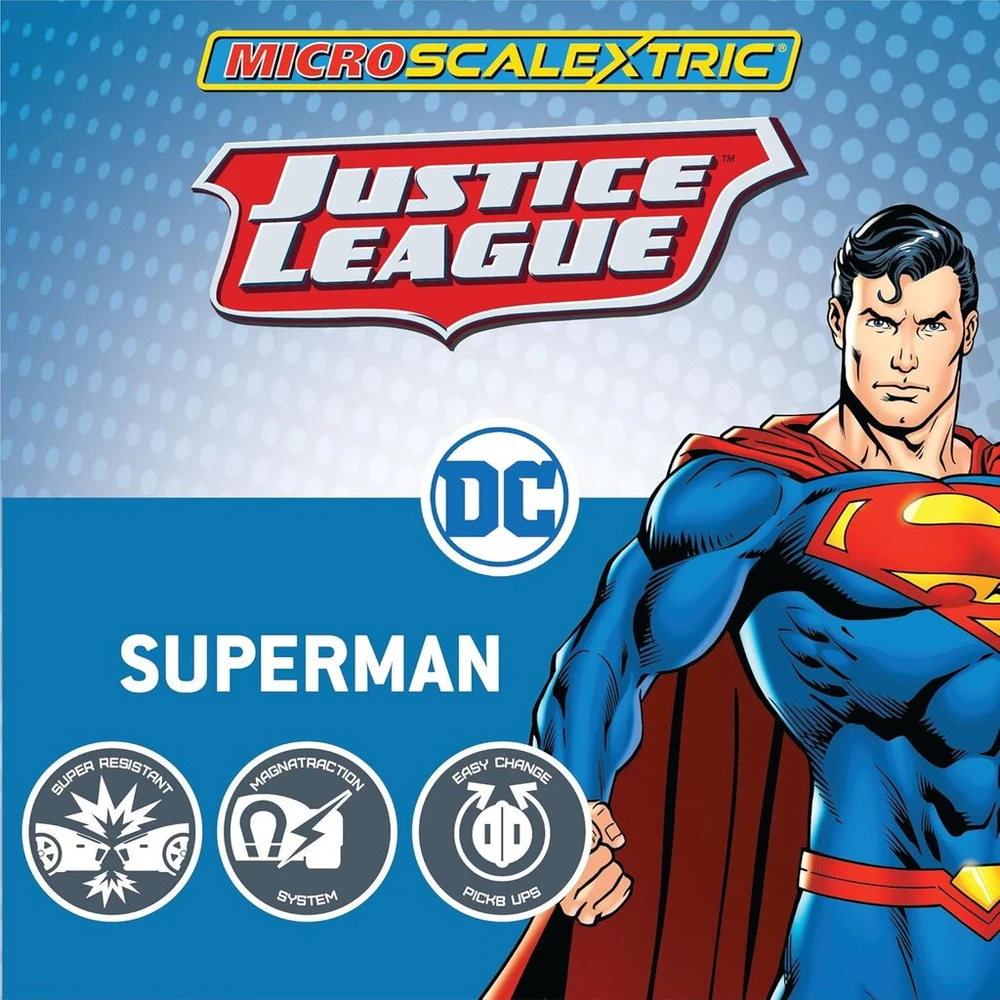 Micro Scalextric Cars - Justice League Superman - žaislinis automobilis, skirtas naudoti lenktynių trasose ar rinkiniuose - dovanų idėjos mažiems vaikams berniukams/mergaitėms nuo 4 metų