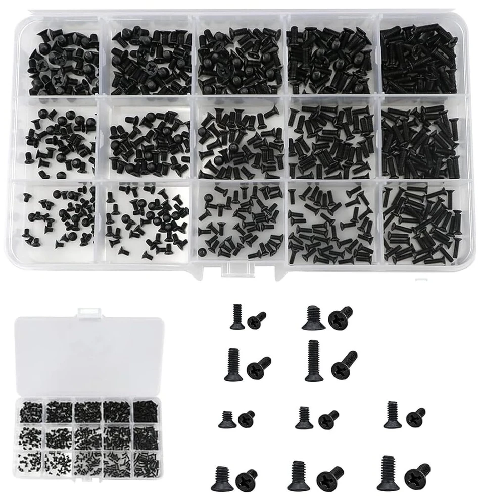 Micro varžtai, 450 vienetų nešiojamojo kompiuterio varžtų, 15 dydžių, maži anglinio plieno varžtai, maži varžtai, pc varžtų rinkinys, skirtas pagrindinių plokščių, ventiliatorių, kietųjų diskų remontui, juodi