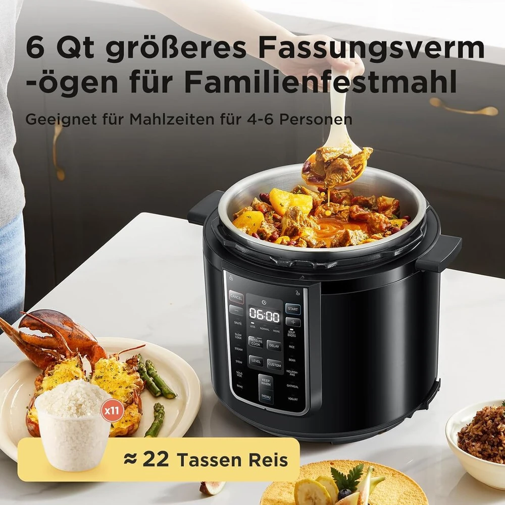 Garų puodas Midea elektrinis greitpuodis 6l, 9-in-1 daugiafunkcis puodas su 14 funkcijų, jogurto gaminimo aparatas, ryžių puodas, lėtas virimo puodas, sous vide, garintuvas, makaronų virimo puodas, nerūdijančio plieno vidinis puodas, juodas