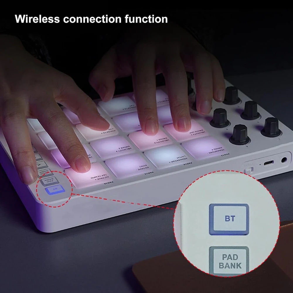 Midi pad valdiklis, būgnų pad mašina, bluetooth usb midi valdiklis su 16 rgb apšvietimo pad'ų, nešiojamas midi valdiklis būgnų pad klaviatūra su 8 priskiriamais mygtukais