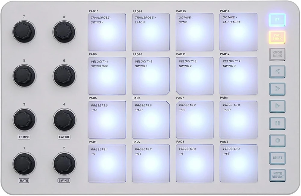 Midi pad valdiklis, būgnų pad mašina, bluetooth usb midi valdiklis su 16 rgb apšvietimo pad'ų, nešiojamas midi valdiklis būgnų pad klaviatūra su 8 priskiriamais mygtukais