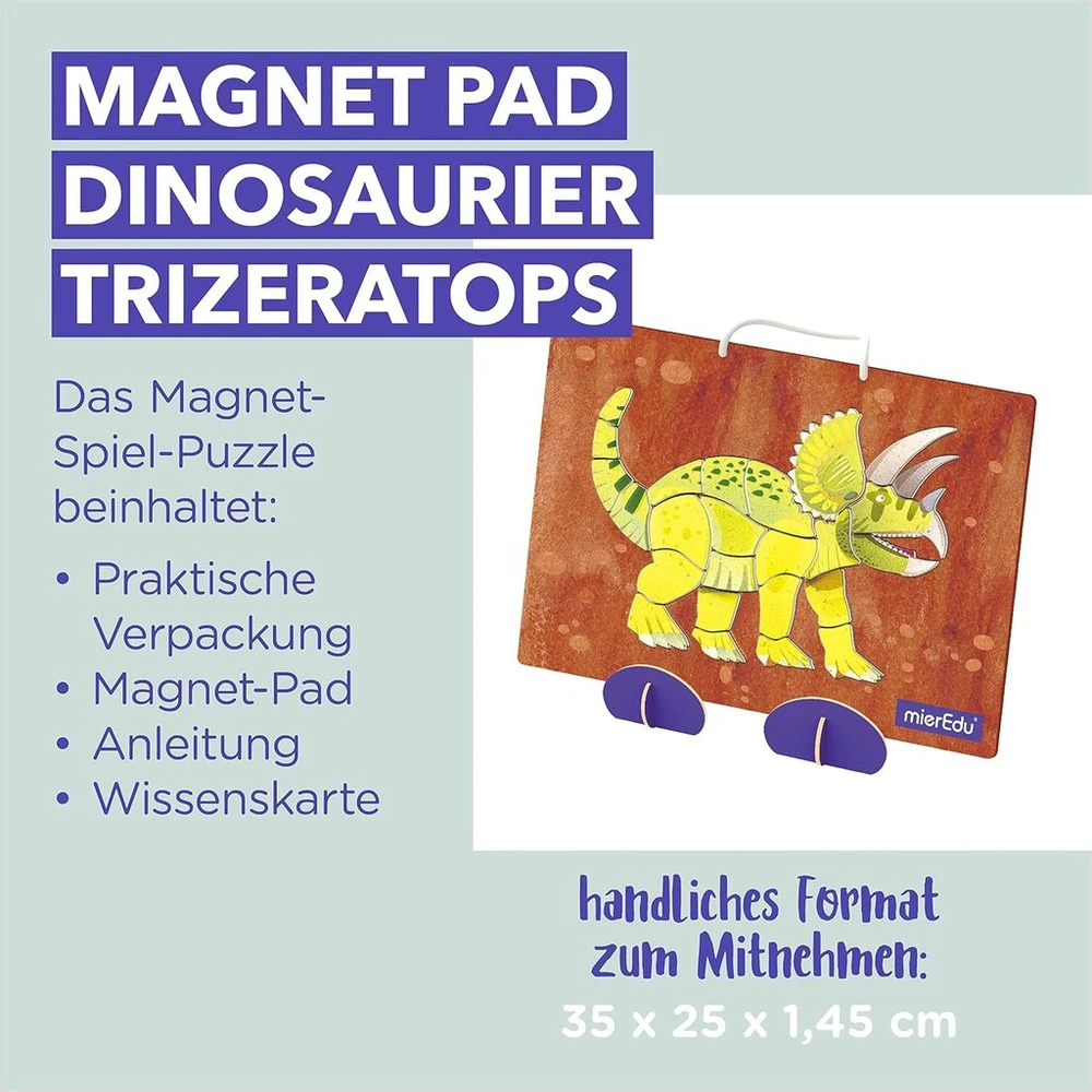 Mieredu Magnetinis dėlionė Triceratops – magnetinis dinozaurų žaidimas vaikams nuo 3 metų – montessori žaislas, motorinius įgūdžius ir koncentraciją – dėlionės padėklas mažiems dinozaurų gerbėjams