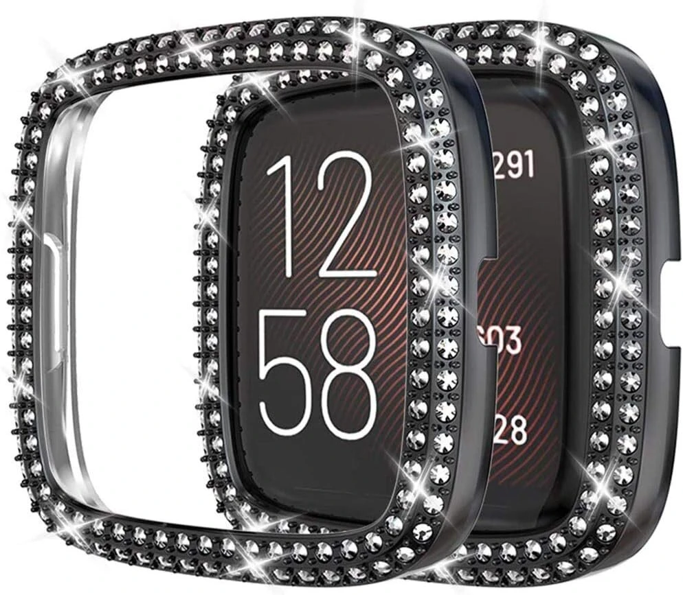 Miimall blizgantis dėklas su rhinestones, kietas pc apsauginis smūgiams atsparus įbrėžimams atsparus bling diamond bumper dėklas, skirtas Fitbit Versa 2 - juodas