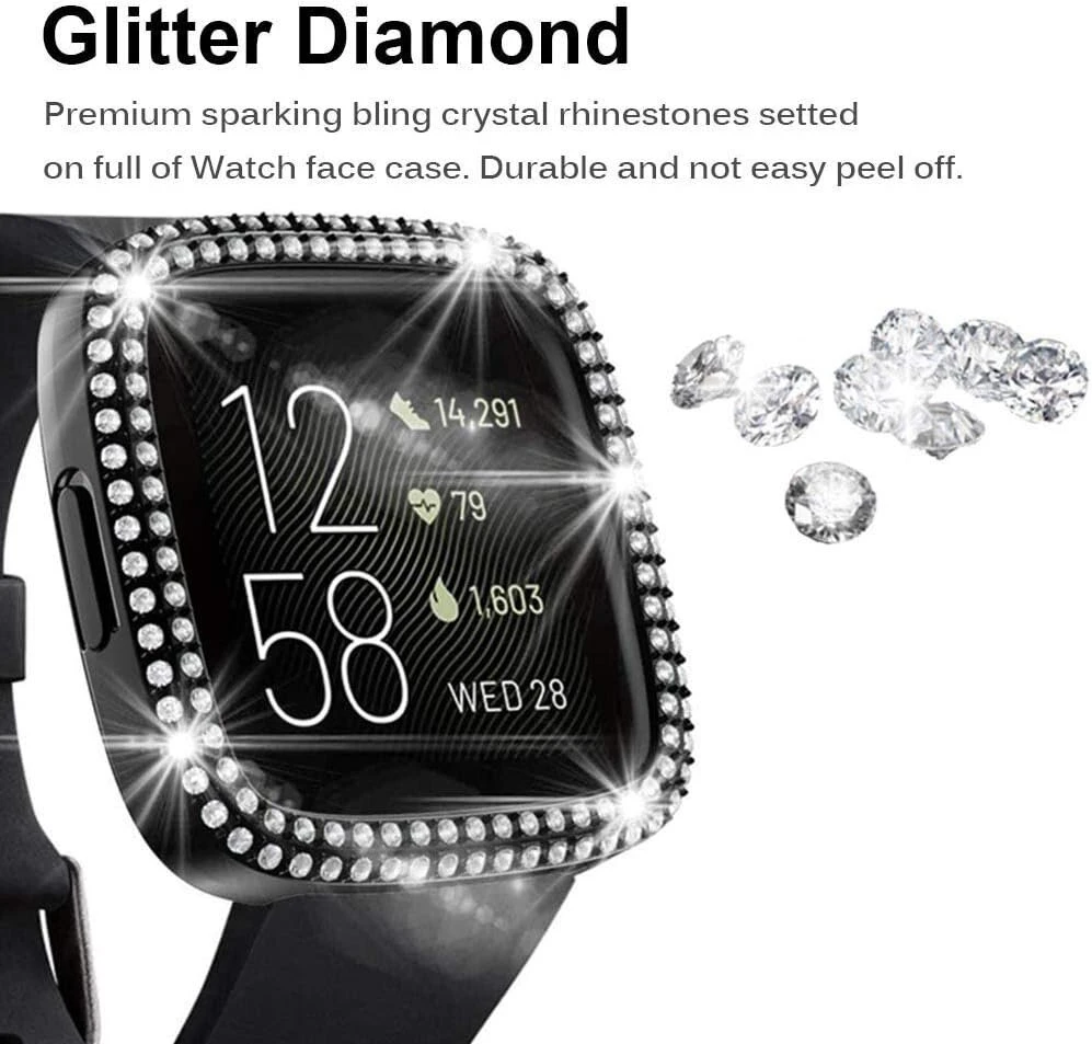Miimall blizgantis dėklas su rhinestones, kietas pc apsauginis smūgiams atsparus įbrėžimams atsparus bling diamond bumper dėklas, skirtas Fitbit Versa 2 - juodas