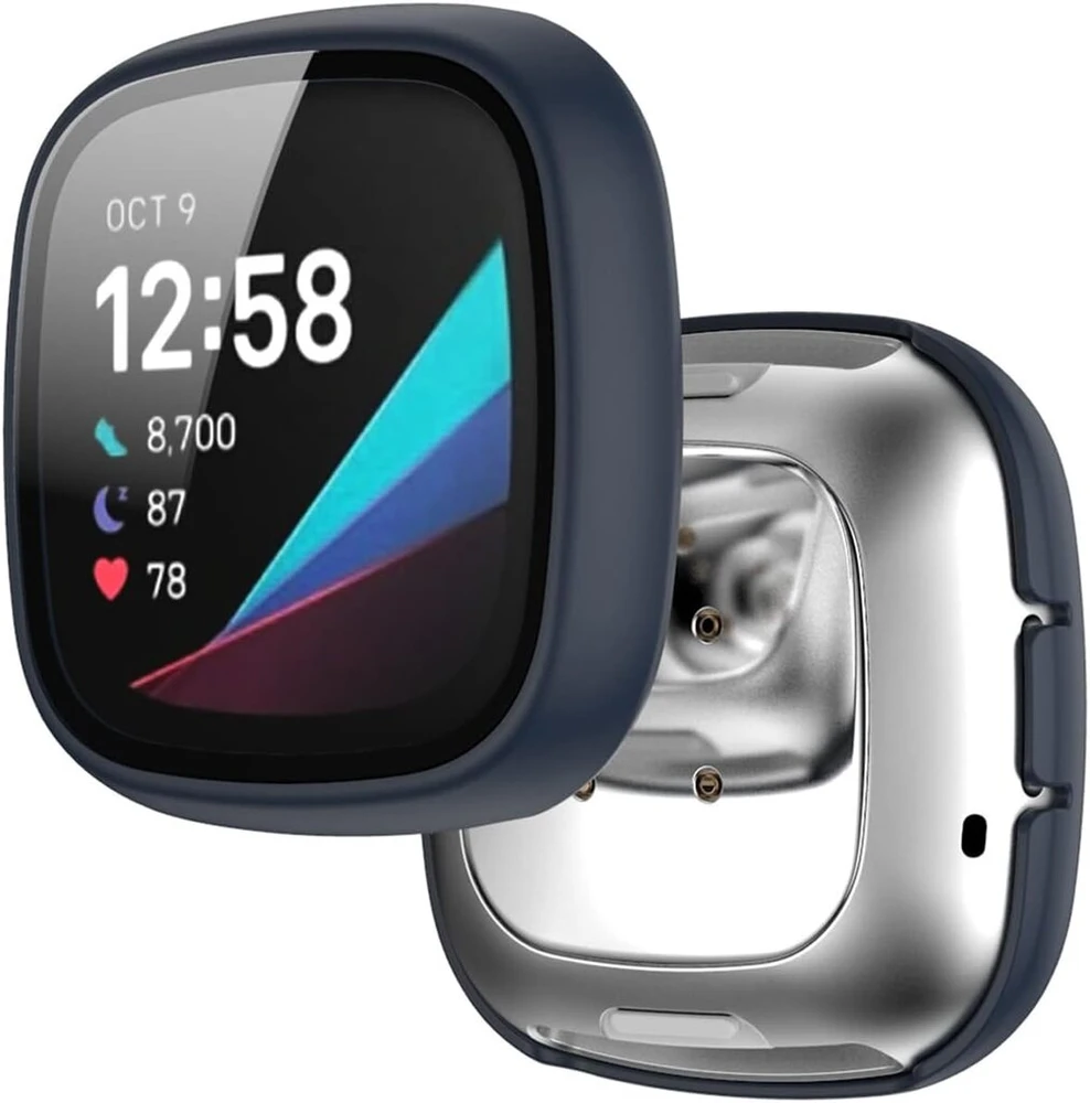 Miimall dėklas, suderinamas su Fitbit Versa 3 / Sense, su stikliniu ekrano apsaugos elementu, itin plonas kompiuterio apsauginis dėklas, pilna apsauga nuo įbrėžimų, ekrano apsaugos elementas, apsauginis dėklas, skirtas Fitbit Versa 3 / Sense (mėlynas)