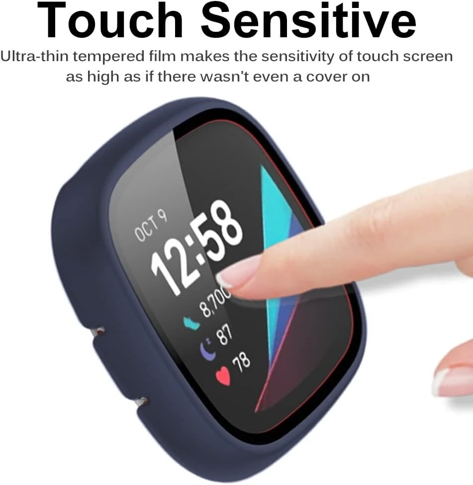 Miimall dėklas, suderinamas su Fitbit Versa 3 / Sense, su stikliniu ekrano apsaugos elementu, itin plonas kompiuterio apsauginis dėklas, pilna apsauga nuo įbrėžimų, ekrano apsaugos elementas, apsauginis dėklas, skirtas Fitbit Versa 3 / Sense (mėlynas)