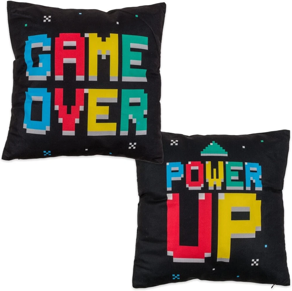 Mijoma dekoratyvinė pagalvėlė žaidėjams, minkšta pagalvėlė, apverčiama pagalvėlė žaidėjams Power Up & Game Over su užtrauktuku, pagalvėlės dydis apie 40 x 40 cm, dovana vakarui ant sofos