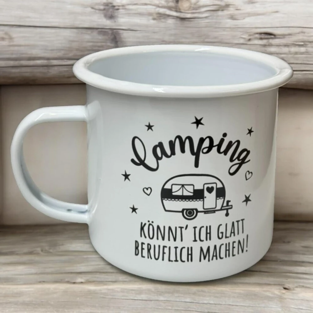 Mijoma emaliuotas puodelis su motyvų atspaudu - 450 ml kempingo kavos puodelis, lengvas, tvirtas, emaliuota rankena, idealus kaip gėrimo puodelis (camping Can I Do)