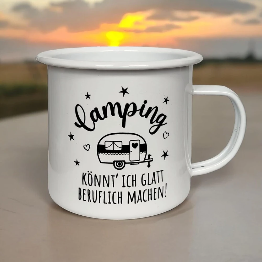 Mijoma emaliuotas puodelis su motyvų atspaudu - 450 ml kempingo kavos puodelis, lengvas, tvirtas, emaliuota rankena, idealus kaip gėrimo puodelis (camping Can I Do)