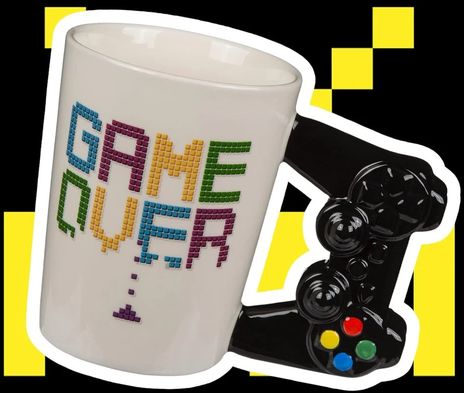 Mijoma gamer kavos puodelis su valdiklio rankena, keramikinis kavos puodelis, arbatos puodelis, talpa 300 ml karštiems ir šaltiems gėrimams (game over)