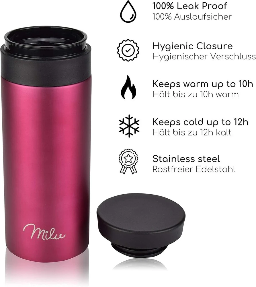 Milu nerūdijančio plieno termo puodelis kelionei - 350 ml, 450 ml - 100% nepralaidus - gėrimo puodelis, arbatos butelis, termosas, automobilinis puodelis, dviguba sienelė - 360° gėrimo anga