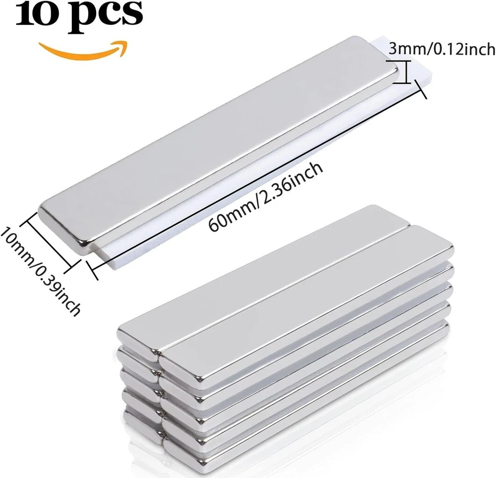 Min ci 10 neodimio magnetų rinkinys, ypač stiprūs dideli stačiakampiai magnetai 60 x 10 x 3 mm, lipnūs magnetai, savaime lipnūs stiprūs magnetai virtuvės spintelėms, stiklui, magnetinei lentai