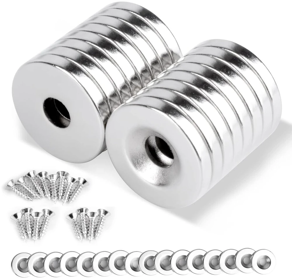 Min Ci 16 neodimio magnetų rinkinys, stiprūs dideli magnetai su skyle 18 x 3 mm M5, prisukami magnetai su įleidimu, skirti prisukti sriegiu, apvalus puodo magnetas, virtuvės spintelės magnetas, plokščias