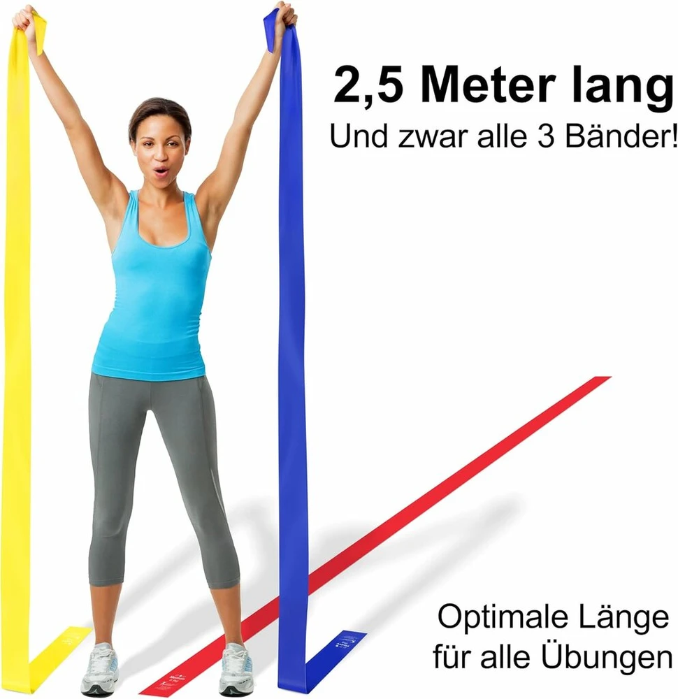 Mindful Power® treniruočių juostos 2,5 m, ypač ilgos pasipriešinimo juostos [3 vnt. rinkinys], gimnastikos juosta elastinga iki 12,5 m – ideali treniruočių juosta visiems pratimams