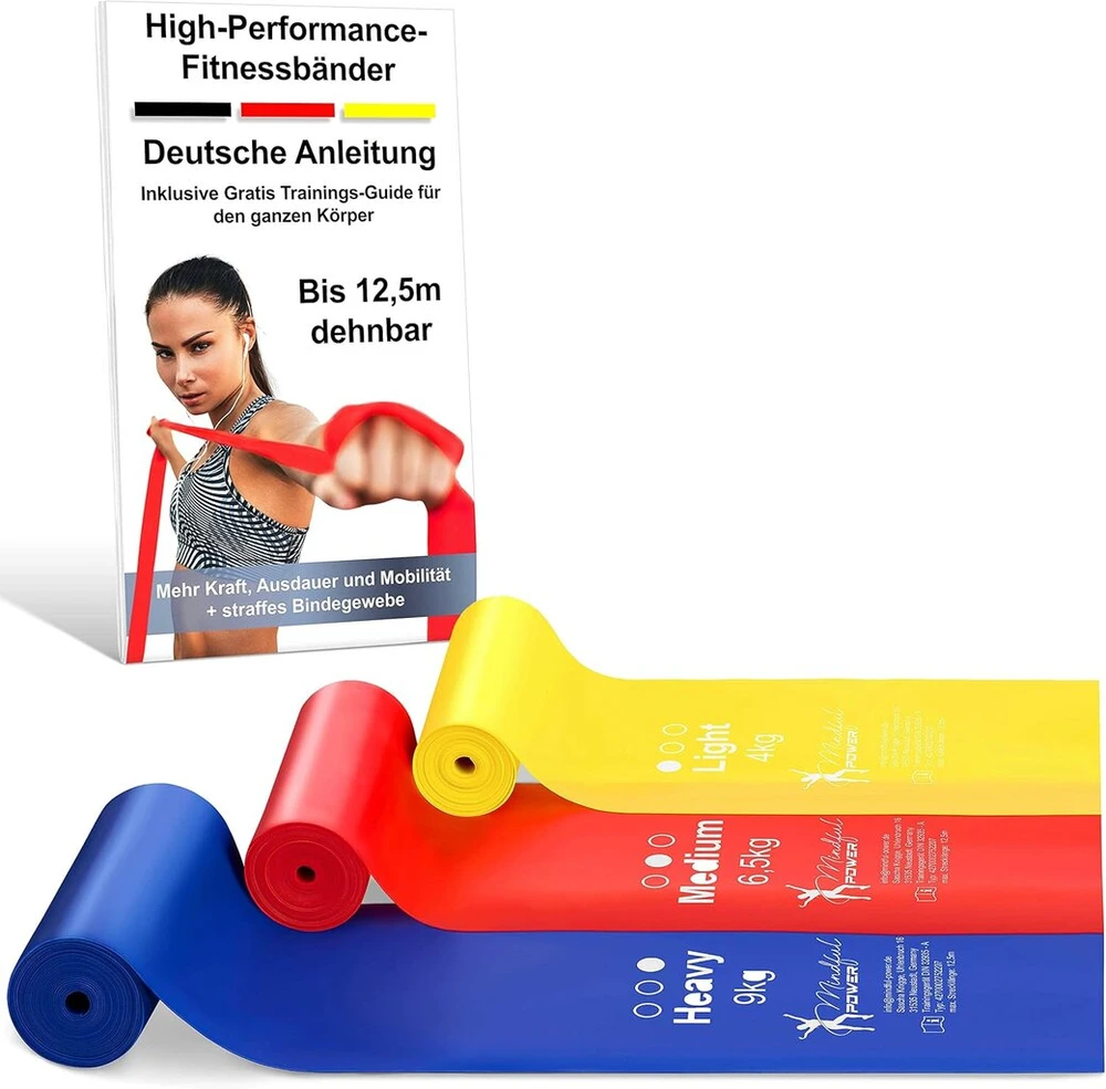 Mindful Power® treniruočių juostos 2,5 m, ypač ilgos pasipriešinimo juostos [3 vnt. rinkinys], gimnastikos juosta elastinga iki 12,5 m – ideali treniruočių juosta visiems pratimams