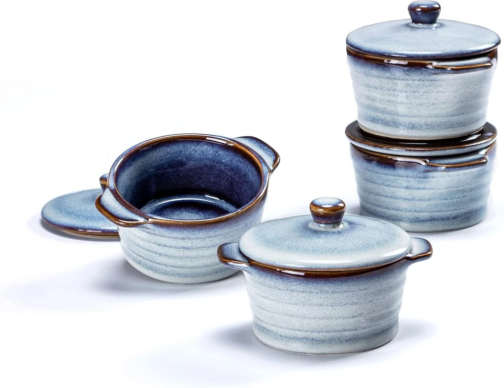 Mini Cocotte porcelianinis keramikinis troškinimo indas su dangčiu, tinkamas naudoti orkaitėje, 4 dalių rinkinys, 230 ml, Creme Brulee dubenėliai sriubos puodeliai su rankenomis sufle, keksiukams, bandelėms - mėlyni