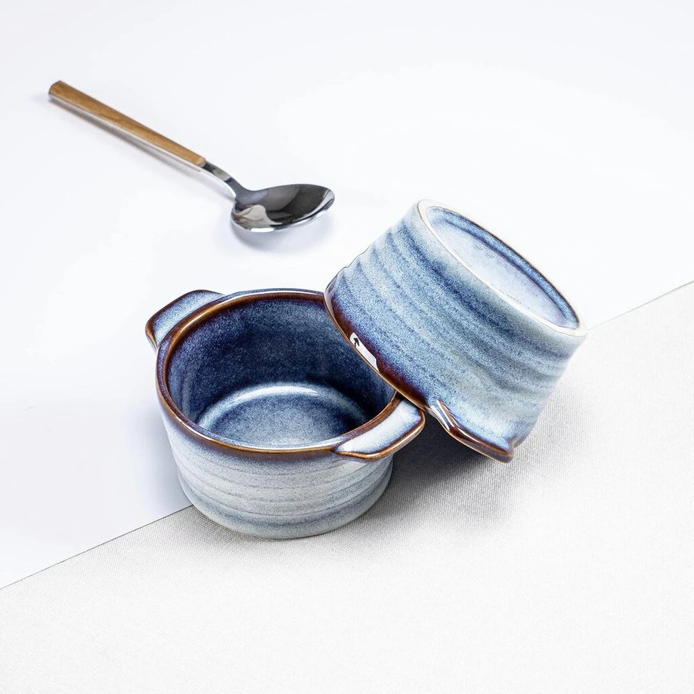 Mini Cocotte porcelianinis keramikinis troškinimo indas su dangčiu, tinkamas naudoti orkaitėje, 4 dalių rinkinys, 230 ml, Creme Brulee dubenėliai sriubos puodeliai su rankenomis sufle, keksiukams, bandelėms - mėlyni