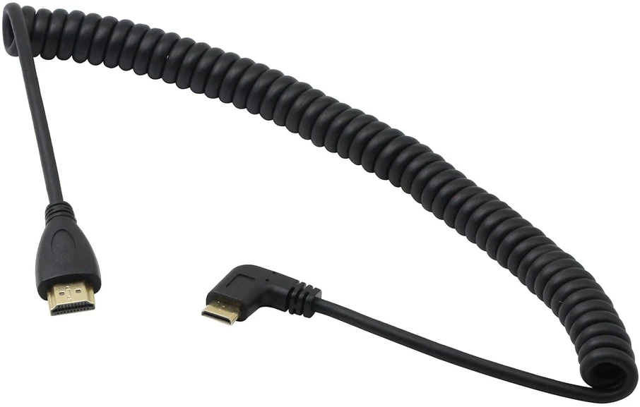 Mini hdmi į hdmi kabelis cerrxian stačiu kampu 90 laipsnių kampu mini spiralinis spiralinis kabelis, palaiko 3d, 1080p hdmi male į hdmi male paauksuotą konverterio adapterį