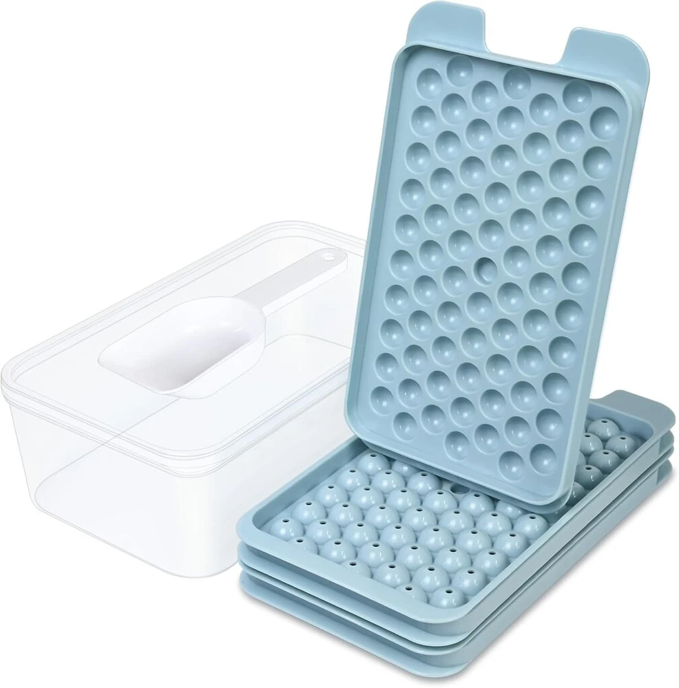 Mini ledo kubelių padėklas, ledo rutuliukų padėklas su dangteliu ir dėžute, vienu metu pagamina 216 13 mm apvalių ledo kubelių, lengvai išimamas ledo kubelių padėklas, tinkamas šaldytuvui, kavai, kokteiliams ir gėrimams