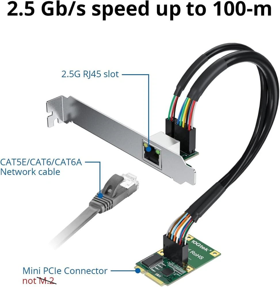 Mini pcie 2.5g ethernet tinklo plokštė, 30 cm kabelio ilgis, su led lempute, vienas rj45 prievadas, mini pice sąsaja, ne m.2