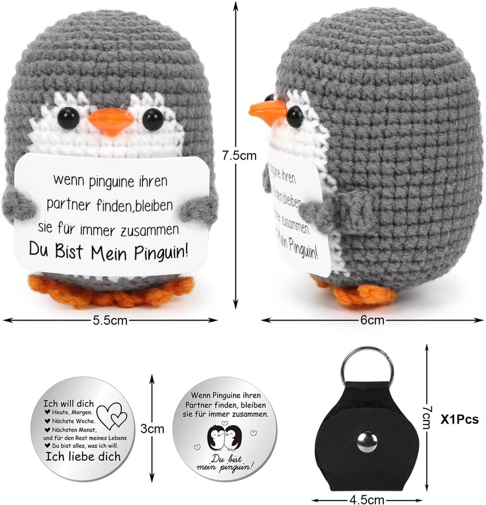 Mini pingvinas 'aš tave myliu' dovanos, dovana moterims jubiliejaus proga, megztas vilnonis pingvino žaislas su meilės monetų kortele, kišeninis apkabinimo pingvinas, romantiška dovana žmonai vestuvių metinių Valentino dienos proga